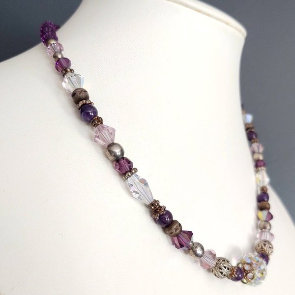 Purple and clear glass necklace with silver accents - Picture 4 of 12